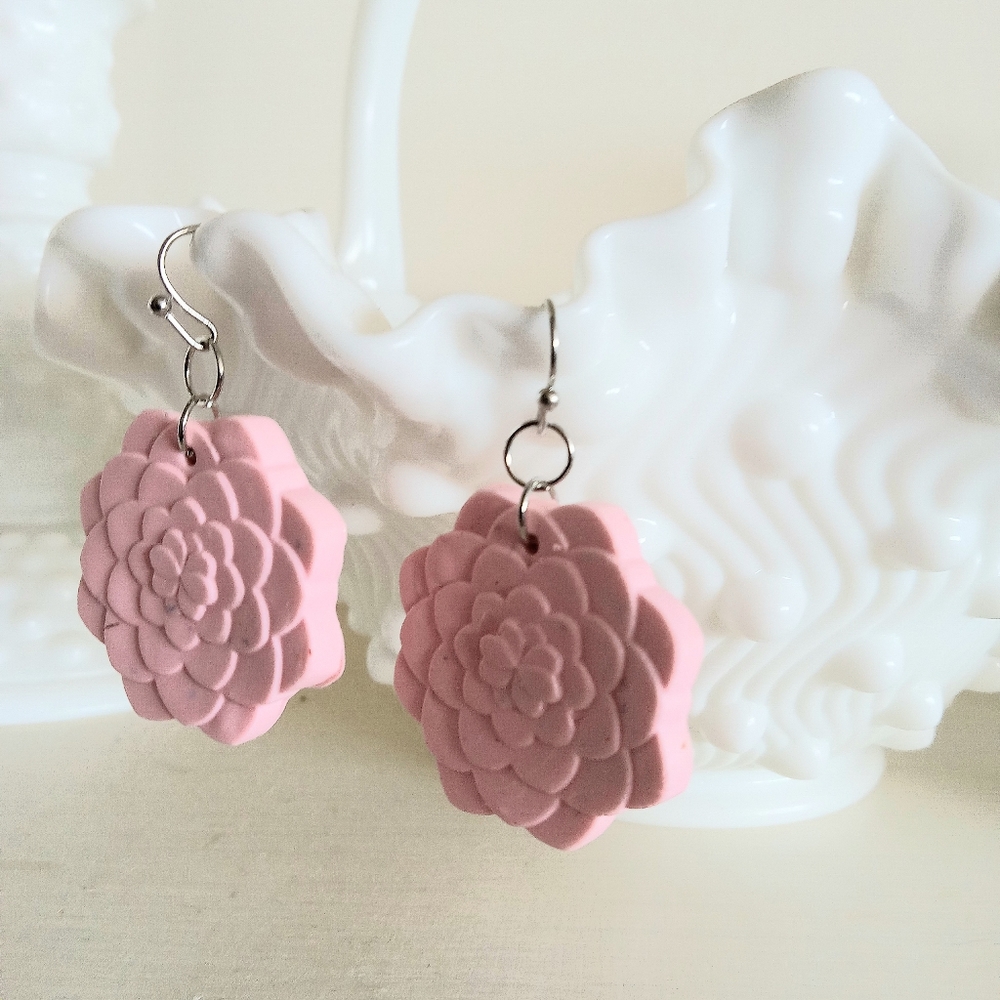Pink Succulent Dangle Earrings - Picture 2 of 4